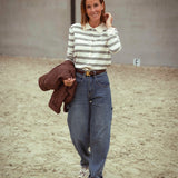 QUINLYN ECRU STRIPED LONGSLEEVE POLO SHIRT