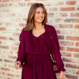 IVY BURGUNDY RUFFLE DRESS