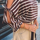 MARABETH ECRU/BROWN STRIPED CUT-OUT SWEATER