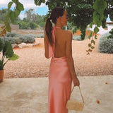 LUCIA CORAL SATIN HALTER DRESS