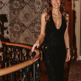 HOLIDAY MAGIC BLACK SEQUIN HALTER DRESS