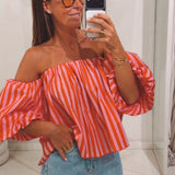 ELIN PINK/RED STRIPED OFF SHOULDER BLOUSE