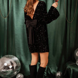 MERRY ME BLACK BOW SEQUIN DRESS