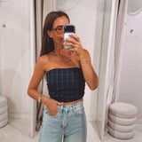 EMMY DARK BLUE CHECKERED STRAPLESS TOP