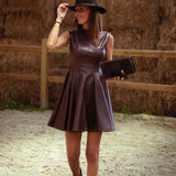 LORETTA BROWN PEPLUM LEATHER DRESS