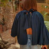 PARADISE DARK BLUE OPEN BACK BLOUSE