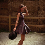 LORETTA BROWN PEPLUM LEATHER DRESS