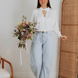 ANNELIES WHITE SATIN FLOWER BLOUSE