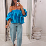 ELIN LIGHT BLUE/COBALT BLUE STRIPED OFF SHOULDER BLOUSE
