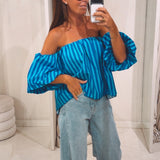 ELIN LIGHT BLUE/COBALT BLUE STRIPED OFF SHOULDER BLOUSE