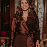 AFTERGLOW BROWN SATIN SEQUIN BLOUSE