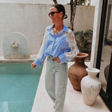 ISABELA LIGHT BLUE STRIPED LACE BLOUSE