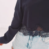 INEZ DARK BLUE LONGSLEEVE SHIRT WITH LACE