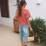 AZAHAR RED CHECKERED ONE SHOULDER BLOUSE