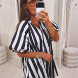 VERA DARK BLUE/WHITE STRIPED DRESS