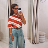 ALORA RED STRIPED ONE SHOULDER T-SHIRT