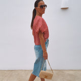AZAHAR RED CHECKERED ONE SHOULDER BLOUSE