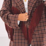 JOLENE BURGUNDY CHECKERED FRINGE BLAZER