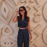 HAYAT DARK BLUE STRIPED CROPPED BLAZER