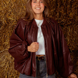 FAYLENE BURGUNDY LEATHER ZIP JACKET