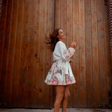 SCARLET WHITE FLOWER LINEN DRESS