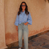 HAJAR BLUE STRIPED FLOWER BLOUSE
