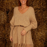 PIPPA WARM BEIGE KNIT FRINGE DRESS