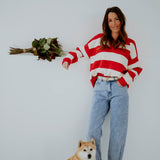 HEARTBREAKER RED/ECRU STRIPED POLO SWEATER