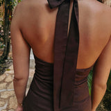 MARQUEZ BROWN LINEN HALTER PLAYSUIT