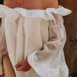 TULUMITA WHITE OFF-SHOULDER RUFFLE DRESS