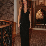 HOLIDAY MAGIC BLACK SEQUIN HALTER DRESS