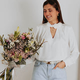 ANNELIES WHITE SATIN FLOWER BLOUSE