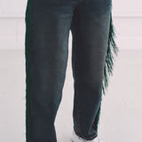 BLUE BALLOON JEANS WITH GREEN FRINGES