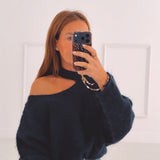 FALL IS COMING DARK BLUE CUT-OUT SWEATER