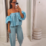 ELIN LIGHT BLUE/BROWN POLKADOTS OFF SHOULDER BLOUSE