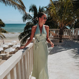 CORAZON DE MEXICO MINT GREEN SATIN HALTER DRESS