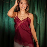 SANTA SHINE BORDEAUX ASYMMETRIC SATIN LACE TOP