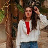 JEFE WHITE LINEN BOMBER JACKET