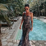 MAR SERENA DARK BLUE LACE ONE SHOULDER DRESS