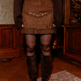 DAZZLE NIGHT BROWN FRINGE STUDS SKIRT