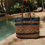 RIVE GAUCHE DARK BLUE/BEIGE STRIPED RAFFIA BAG