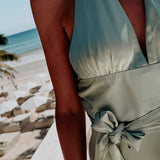 CORAZON DE MEXICO MINT GREEN SATIN HALTER DRESS