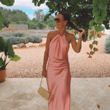 LUCIA CORAL SATIN HALTER DRESS