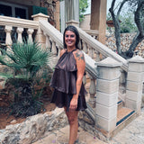 GIRONA BROWN LAYER HALTER DRESS