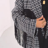JOLENE BLACK CHECKERED FRINGE BLAZER