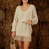 PIPPA ECRU BEIGE KNIT FRINGE DRESS