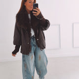 ZORA BROWN LEATHER FAUX FUR COLLAR JACKET
