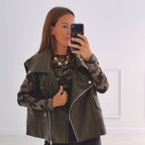 TINA KHAKI LEATHER SLEEVELESS JACKET
