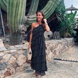 NERJA KHAKI LAYER ONE SHOULDER DRESS