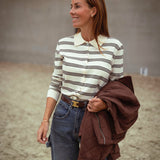 QUINLYN ECRU STRIPED LONGSLEEVE POLO SHIRT